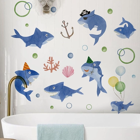 Adesivi Murali Squalo Cartone Animato Acquerello Impermeabile PVC Animali Marini Decalcomanie Per Camera Bambini Bagno Decorazione