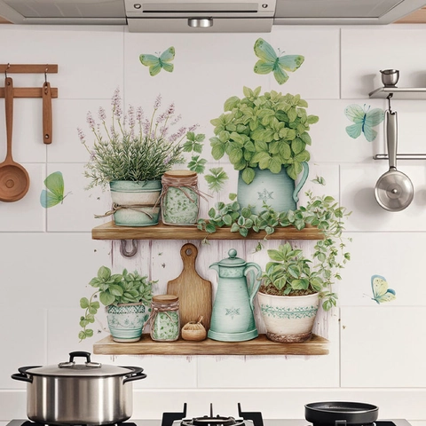 Adesivi Murali Piante in Vaso in Stile Pastorale PVC Impermeabile Rimovibile Decalcomanie da Muro per Cucina Camera da Letto Soggiorno Decorazioni Casa