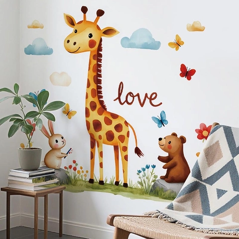 Adesivi Murali a Acquerello Cartone Animato Giraffa Coniglio Orso Per Cameretta Bambini PVC Fai Da Te Animali Farfalla Love