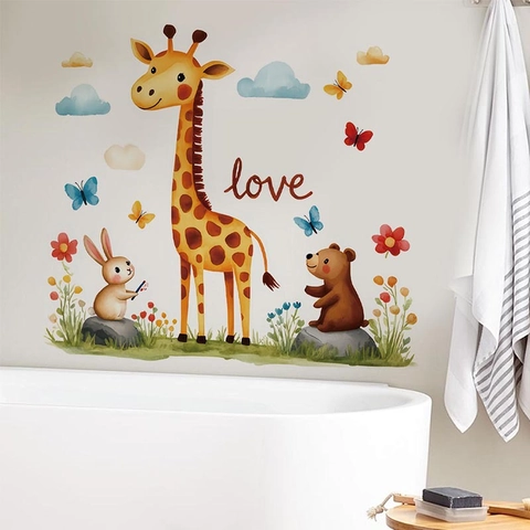 Adesivi Murali a Acquerello Cartone Animato Giraffa Coniglio Orso Per Cameretta Bambini PVC Fai Da Te Animali Farfalla Love