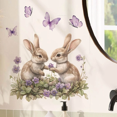 Ostern Hase Schmetterling Wandtattoo PVC Wasserdicht Aquarell Blume Aufkleber Für Schlafzimmer Wohnzimmer Haus Deko