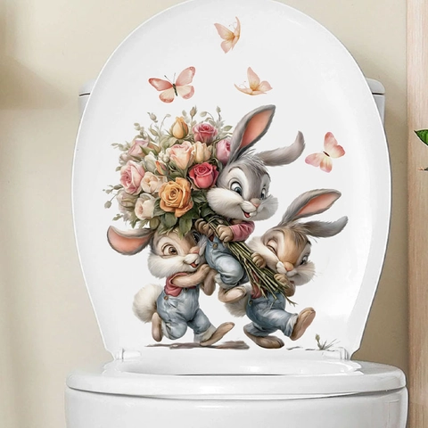 Pegatina de Pared Conejo de Pascua Dibujos Animados Conejo Con Flores Mariposa PVC Impermeable Para Baño Hogar