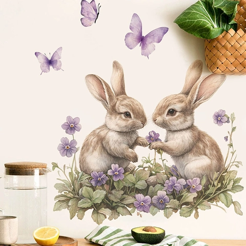 Ostern Hase Schmetterling Wandtattoo PVC Wasserdicht Aquarell Blume Aufkleber Für Schlafzimmer Wohnzimmer Haus Deko
