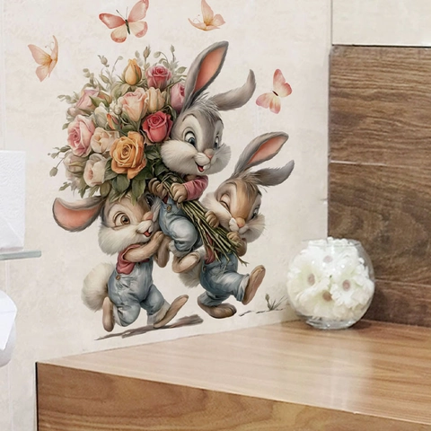 Pegatina de Pared Conejo de Pascua Dibujos Animados Conejo Con Flores Mariposa PVC Impermeable Para Baño Hogar