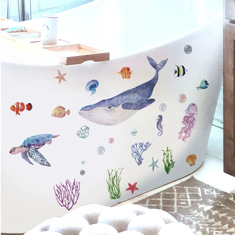 Pegatinas de Pared de Vida Marina en Acuarela Ballena Tortuga Caballito de Mar Coral Removibles Impermeables de PVC para Baño Bañera Decoración de Hogar