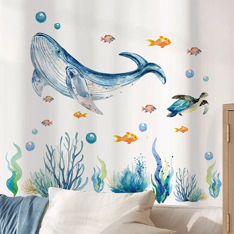 Watercolor Ocean Animal Wall Stickers Whale Sea Turtle Coral Fish PVC Waterproof Removable Decals For Bathroom Kids Room