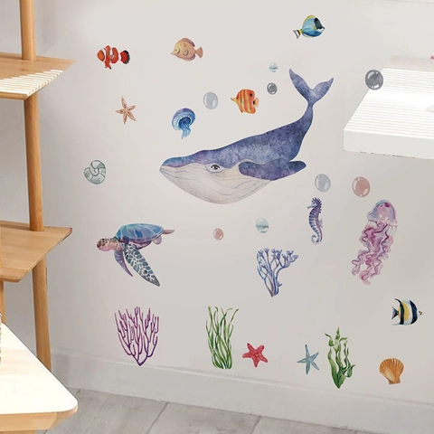 Pegatinas de Pared de Vida Marina en Acuarela Ballena Tortuga Caballito de Mar Coral Removibles Impermeables de PVC para Baño Bañera Decoración de Hogar
