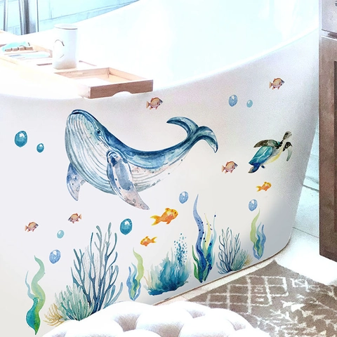 Watercolor Ocean Animal Wall Stickers Whale Sea Turtle Coral Fish PVC Waterproof Removable Decals For Bathroom Kids Room