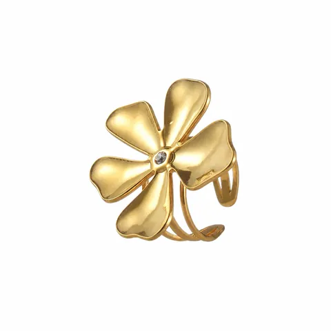 Vintage 304 Stainless Steel Lucky Five Leaf Clover Open Ring For Women 18K Gold Plated Rhinestone Flower Adjustable Jewelry