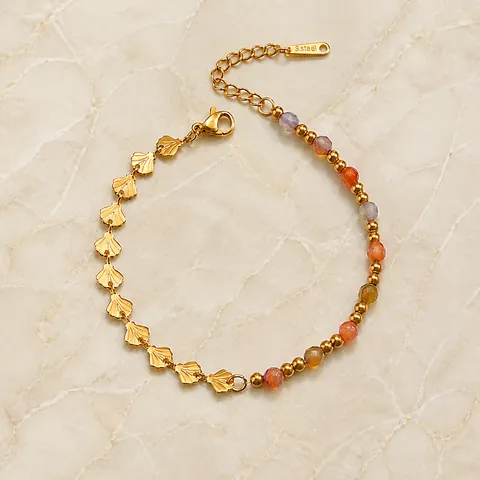 Vintage Stainless Steel Ginkgo Leaf Shell Pendant Bracelet For Women 18K Gold Plated Colorful Beads Chain Bracelet Fashion Jewelry