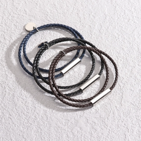 Pulsera de Cuero de PU Trenzado de Doble Capa Unisex de Acero Inoxidable Charm Redondo Geométrico Pulido Joyería