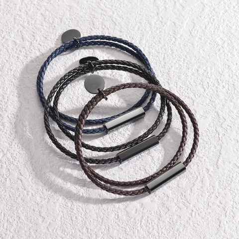 Minimalist Stainless Steel PU Leather Woven Bracelet Unisex Double Layer Wrap Bangle With Circle Charm Daily Jewelry Gift