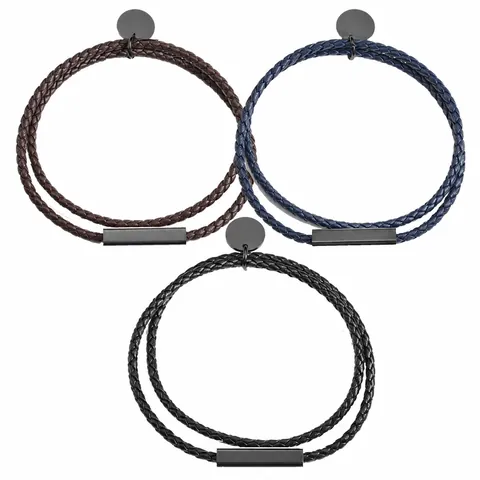 Minimalist Stainless Steel PU Leather Woven Bracelet Unisex Double Layer Wrap Bangle With Circle Charm Daily Jewelry Gift