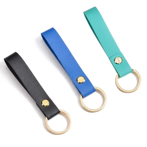Minimalist Stainless Steel PU Leather Keychain Gold Round Ring Personalized Strap Key Fob For Car Keys Daily Fashion Keyring