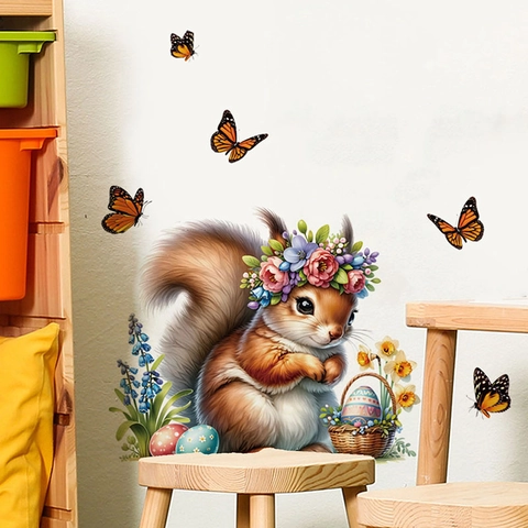 Cute Squirrel With Flower Wreath Wall Stickers Easter Eggs Butterflies Flower DIY PVC Waterproof Wall Decals For Nursery Bedroom Decor