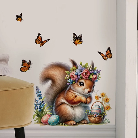 Cute Squirrel With Flower Wreath Wall Stickers Easter Eggs Butterflies Flower DIY PVC Waterproof Wall Decals For Nursery Bedroom Decor