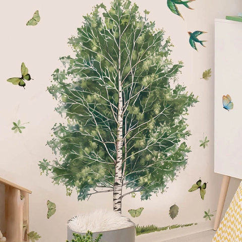 Großer Grüner Baum Wandaufkleber Abnehmbar PVC Birke Vögel Schmetterlinge Wandbild Kunst Aufkleber Für Wohnzimmer Schlafzimmer