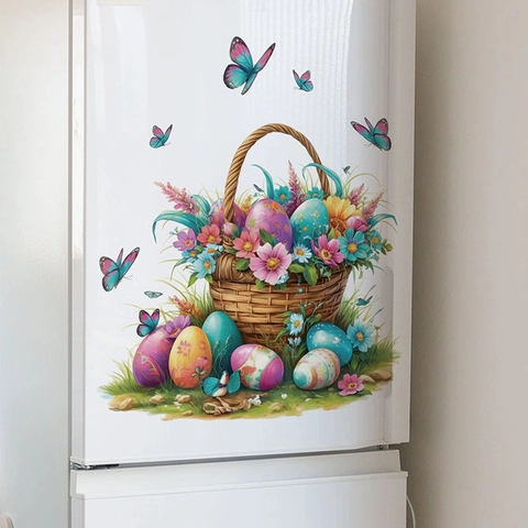 Adhesivo de Pared de Cesta de Flores de Huevo de Pascua PVC Impermeable Mariposas Floral para Hogar Refrigerador Sala de Estar