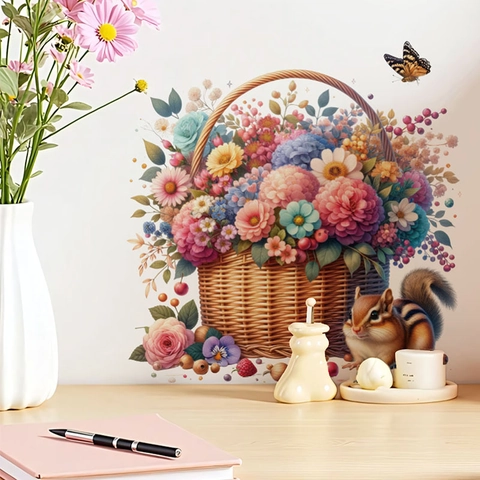 Pastoral Easter Flower Basket Wall Sticker Squirrel Butterfly Floral Pattern PVC Waterproof Mural For Home Living Room Bedroom