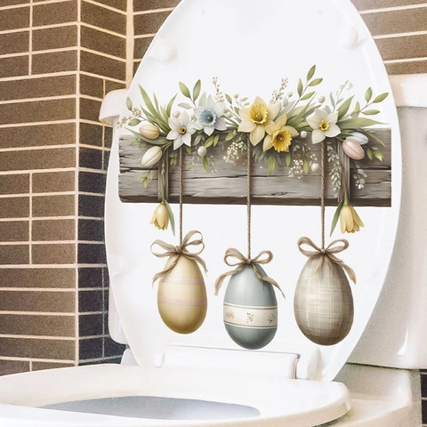 Easter Flowers Colorful Eggs Self Adhesive PVC Waterproof Wall Sticker For Bathroom Toilet Lid Rustic Home Decor Ornament