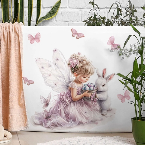 Stickers Muraux de Pâques Fée Fille Lapin Papillon Imperméable PVC Auto-adhésif Aquarelle pour Décoration Chambre d'Enfant