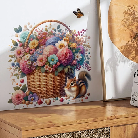 Pastoral Easter Flower Basket Wall Sticker Squirrel Butterfly Floral Pattern PVC Waterproof Mural For Home Living Room Bedroom