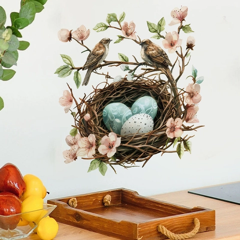 Easter Bird Nest Birds Branch Pink Flowers Wall Stickers Waterproof PVC Removable Nature Pastoral Style Wall Decals For Home