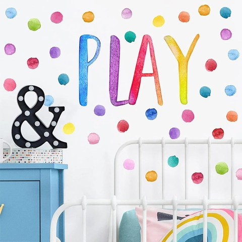 Watercolor Polka Dot PLAY Letter Wall Decals For Nursery Kids Room Removable Waterproof PVC Self Adhesive Wall Stickers