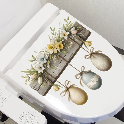 Easter Flowers Colorful Eggs Self Adhesive PVC Waterproof Wall Sticker For Bathroom Toilet Lid Rustic Home Decor Ornament