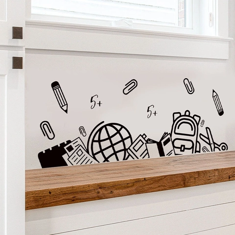 Pegatina De Pared Para Material Escolar Educativo Arte De Línea Negra PVC Removible Autoadhesiva Para Aula Estudio Hogar