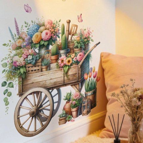 Pasqua Carrello dei Fiori Adesivo da Parete PVC Autoadesivo Floreale Decalcomania per Soggiorno Camera da Letto Decorazione