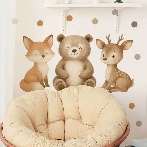 Cute Cartoon Animal Wall Stickers Watercolor Forest Fox Bear Deer PVC Removable Wall Decals For Kids Room Nursery Decor