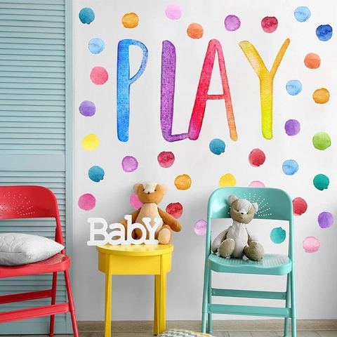Watercolor Polka Dot PLAY Letter Wall Decals For Nursery Kids Room Removable Waterproof PVC Self Adhesive Wall Stickers