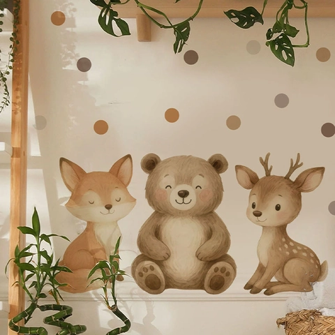 Cute Cartoon Animal Wall Stickers Watercolor Forest Fox Bear Deer PVC Removable Wall Decals For Kids Room Nursery Decor