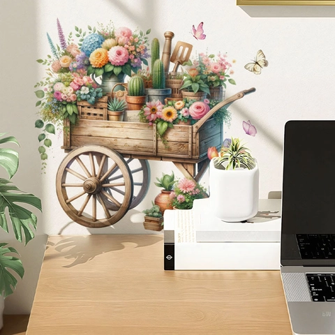 Pasqua Carrello dei Fiori Adesivo da Parete PVC Autoadesivo Floreale Decalcomania per Soggiorno Camera da Letto Decorazione