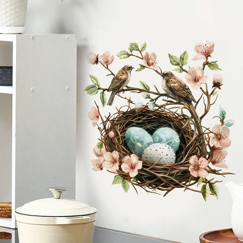 Easter Bird Nest Birds Branch Pink Flowers Wall Stickers Waterproof PVC Removable Nature Pastoral Style Wall Decals For Home