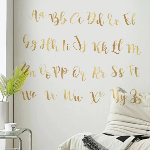 Gold Alphabet Wall Stickers Aa-Zz Letters Self-Adhesive Waterproof PVC Home Decor For Living Room Nursery School Art
