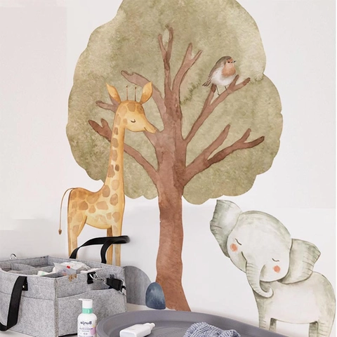Watercolor Cartoon Animal Wall Stickers Tree Giraffe Elephant For Kids Room Nursery PVC Self Adhesive Home Decor Decals