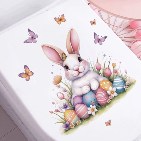Adesivo da Parete di Pasqua Con Coniglio Uova Farfalla Stile Acquerello Cartone Animato in PVC Autoadesivo per Casa Bagno