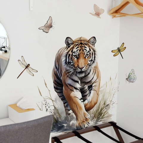 Realistischer Tiger Wandaufkleber Mit Schmetterlingen Und Libellen Wasserdichtes PVC Selbstklebender Wandsticker Für Wohnzimmer