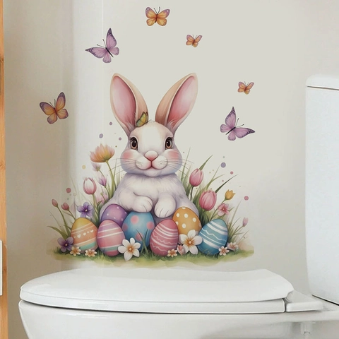 Adesivo da Parete di Pasqua Con Coniglio Uova Farfalla Stile Acquerello Cartone Animato in PVC Autoadesivo per Casa Bagno