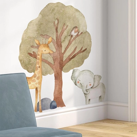 Watercolor Cartoon Animal Wall Stickers Tree Giraffe Elephant For Kids Room Nursery PVC Self Adhesive Home Decor Decals