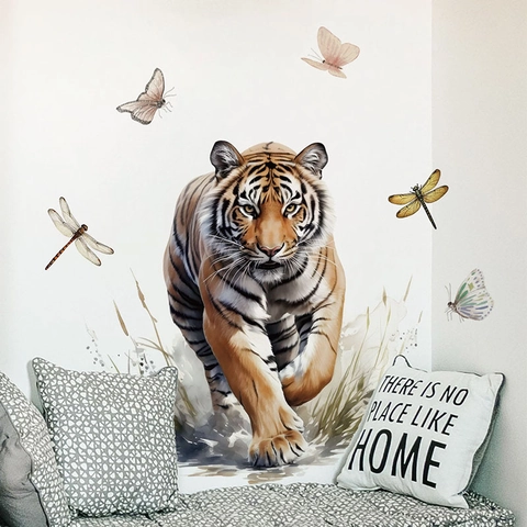 Realistischer Tiger Wandaufkleber Mit Schmetterlingen Und Libellen Wasserdichtes PVC Selbstklebender Wandsticker Für Wohnzimmer