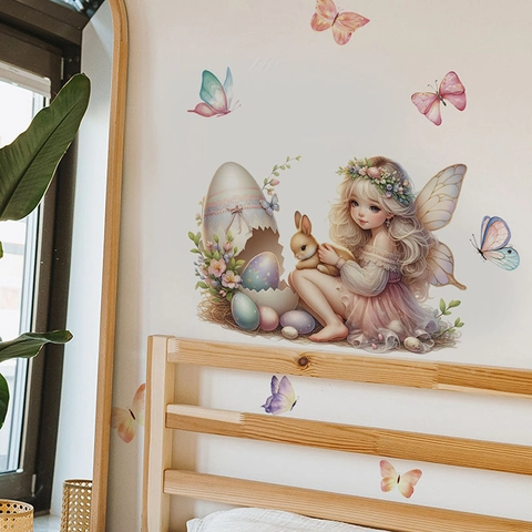 Adesivo da Parete Pasquale Fata Ragazza con Coniglio Farfalle Acquerello Uova PVC Impermeabile Decalcomania per Cameretta Bambini