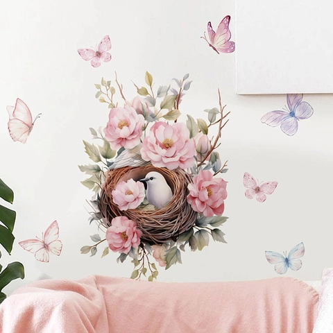 Aquarell Ostern Wandaufkleber Vogelnest Schmetterling Blumen PVC Selbstklebend Wandtattoo Für Schlafzimmer Wohnzimmer Deko