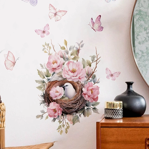 Aquarell Ostern Wandaufkleber Vogelnest Schmetterling Blumen PVC Selbstklebend Wandtattoo Für Schlafzimmer Wohnzimmer Deko