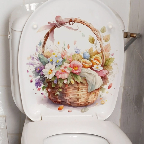 Pegatina de Pared Cesta de Flores de Pascua Impermeabile PVC Acuarela Floral Calcomanía Tapa Inodoro Para Decoración Hogar