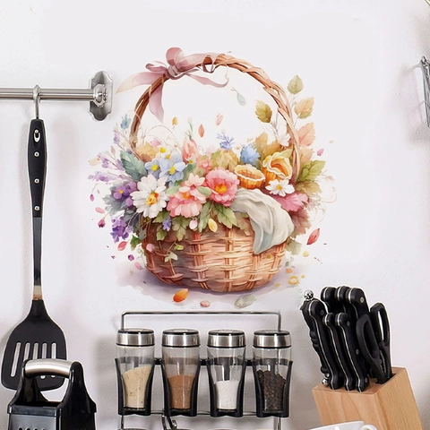 Pegatina de Pared Cesta de Flores de Pascua Impermeabile PVC Acuarela Floral Calcomanía Tapa Inodoro Para Decoración Hogar