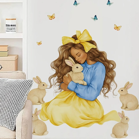 Adesivo da Parete Principessa Ragazza Coniglietto di Pasqua Illustrazione Acquerello PVC Decalcomania per Camera Bambini