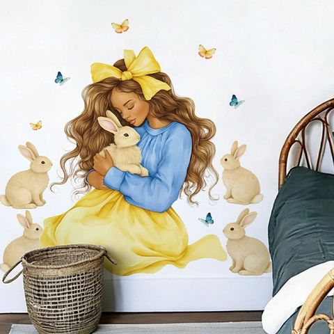 Adesivo da Parete Principessa Ragazza Coniglietto di Pasqua Illustrazione Acquerello PVC Decalcomania per Camera Bambini